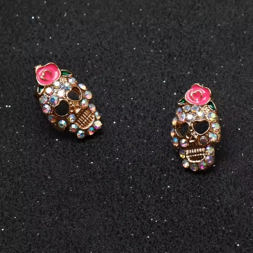 Halloween Skeleton Gold Crystal Earrings - Picture 12 of 13